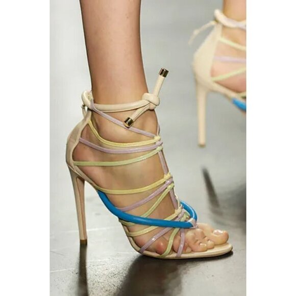 Alessandro Dell'Acqua Strappy Zip Back High Heel Blue Tan Womens Size 37 - Picture 1 of 14